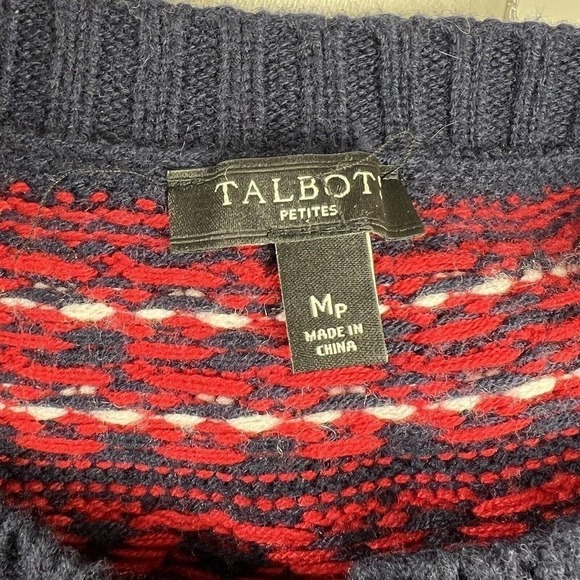 Talbots Navy Blue Red Wool Fair Isle Button Front Cardigan MP M Petite - Picture 7 of 12